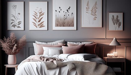 Bedroom: comfortable, sleep, relax, interior, deco, home, room, light, pictures, wall, grey, bed, pillows, bedding, empty, blank, nobody, no people, photorealistic, illustration, Gen. AI