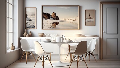 Dining room: interior, deco, wood, home, furniture, table, chairs, light, window, door, paintings, tableware, set, empty, blank, nobody, no people, photorealistic, illustration, Gen. AI