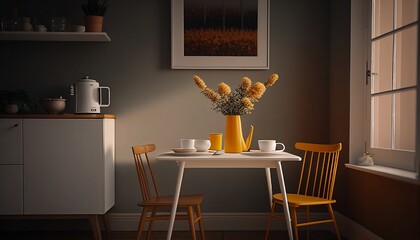 Dining table: kitchen, interior, deco, table, chairs, wood, light, window, white, green, furniture, appliance, vase, flowers, empty, blank, nobody, no people, photorealistic, illustration, Gen. AI