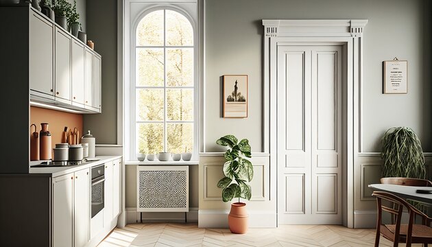Kitchen: interior, deco, home, white, green, wood, high ceiling, window, door, furniture, wainscoting, empty, blank, nobody, no people, photorealistic, illustration, Gen. AI