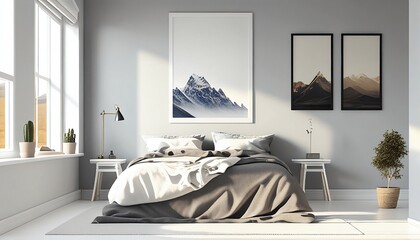 Bedroom: comfortable, home, bright, interior, light, window, rest, rug, interior, deco, bed, pillows, plants, tables, blind, empty, blank, nobody, no people, photorealistic, illustration, Gen. AI