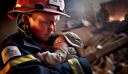 Realistic a volunteer firefighter tenderly cradles a baby rescued from an earthquake with Generative AI