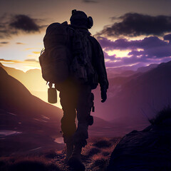 Soldier walking on a mountain during dusk. Silhouette.