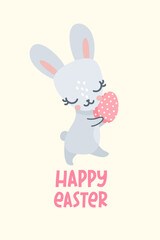 Vector templates for Easter cards. Cute bunnies with Easter eggs. Happy Easter lettering