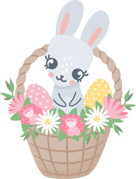 Vector illustration for Easter celebrations. Cute bunny sitting in a basket holding Easter eggs. 