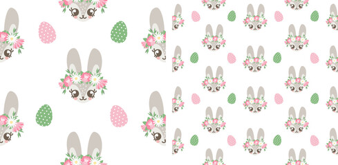 A set of vector patterns. Cute bunny faces in a wreath of flowers. Multicolored Easter eggs. Seamless vector pattern 