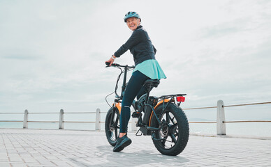 Back, portrait and bike with senior woman, promenade and exercise for healthy lifestyle, balance...