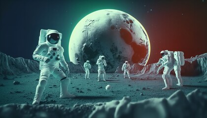 Obraz na płótnie Canvas AI-generated illustration of a soccer match being played by astronauts in a space suit and helmet. Generative Ai.