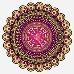 Vector vintage frame with lacy golden and purple mandala isolated on white