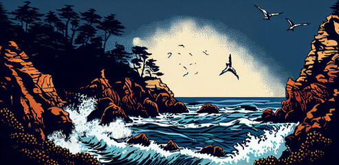 Wood Block Inspired Illustration of California's Big Sur During Storm. Generative ai