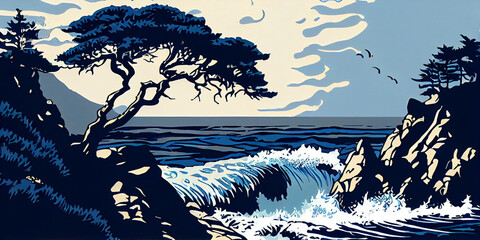 Wood Block Inspired Illustration of California's Big Sur During Storm. Generative ai