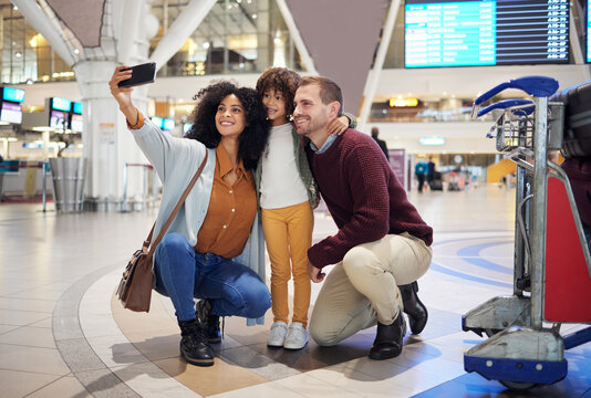 Family selfie, airport and child with parents for travel, diversity and interracial bonding with smile. Man, happy black woman and girl kid with smartphone for profile picture on social media app