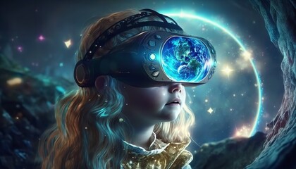 Concept of the metaverse with a child donning a virtual reality headset while playing a space adventure game. Generative Ai.