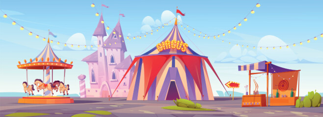 Cartoon amusement park. Vector illustration of circus tent, pink fantasy castle, carousel with toy horses, archery attraction under blue sky. Festive open air funfair for family weekend entertainment