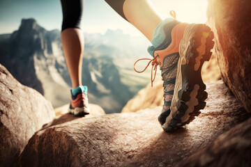 Female hiker legs with modern trekking and climbing boots on a rock in mountains. AI generative
