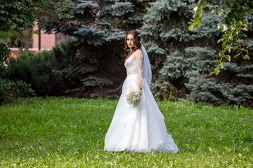 Obraz na płótnie Canvas Girl in a wedding dress in nature.