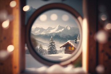 A ski resort in the snowy winter mountains. View from the window of the chalet on the pastoral landscape. AI generative