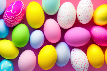 Fototapeta na wymiar Happy easter! Colourful Easter eggs on pastel background. Decoration concept for greetings and presents on Easter Day celebrate time.