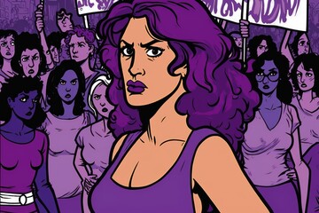 Naklejka na ściany i meble Bold Female Cartoon Characters Fighting for Progress, color purple. International women's day.