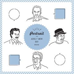 年配男性のポートレートイラストセット（モノクロ）