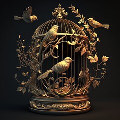 beautiful golden cage on a dark background, generative AI
