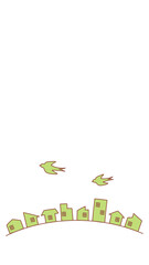 ツバメと街並みのイラスト　緑　9:16