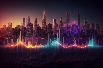 Fototapeta premium a colorful neon light sound wave with a city skyline in the background. Generative AI