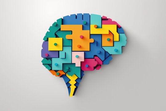Neurodiversity concept. Brain from colorful puzzle pieces.The concept of rational and irrational thinking. Colourful shapes of abstract brain for concept of idea and teamwork. GENERATIVE AI