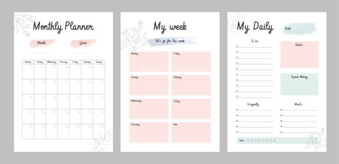 3 set of Daily, Weekly, Monthly Planner template. Make your day more easily and happy.  Vector template. 