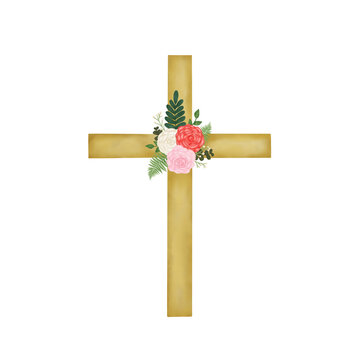 Watercolor Easter Cross with flowers