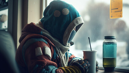 futurist person in a hood in a cafe sitting in front of a window