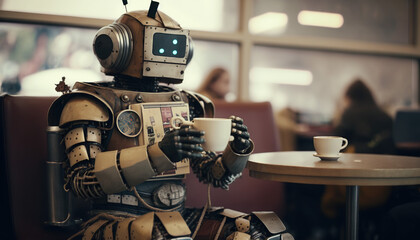 humanoid robot in a cafe holding a coffee mug