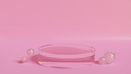 Realistic pink 3D cylinder pedestal podium set with leaf shadow overlay. The minimal scene for products showcases Abstract minimal scene mockup products display.