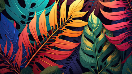 Fototapeta na wymiar Bright tropical background with jungle plants. Generative AI exotic pattern with palm leaves. Horizontal wide photo subtitle, cover.