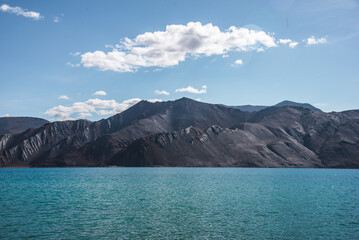 beautiful landscape of Pangong tso with black mountain in background, Leh Ladakh, India