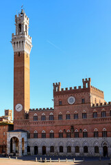 Fototapeta na wymiar Ancient tower called TORRE DEL MANGIA in the main square of SIENA in central Italy
