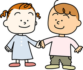 手を繋いで微笑み合う女の子と男の子