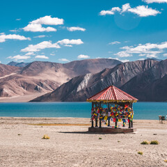beautiful landscape traveling with close up red hexagon pavilion of Pangong tso, Leh Ladakh, India