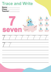 Number seven tracing practice worksheet with seven unicorns sitting on the cloud for kids learning to count and to write. Vector Illustration. Exercise for children to recognize the number.