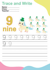 Number nine tracing practice worksheet with nine unicorns celebrating the St. Patrick’s Day for kids learning to count and to write. Vector Illustration. Exercise for children to recognize the number.