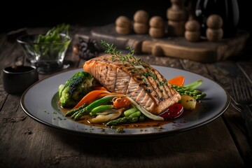 Plate of grilled salmon steak with vegetables on wooden table, Generative Ai