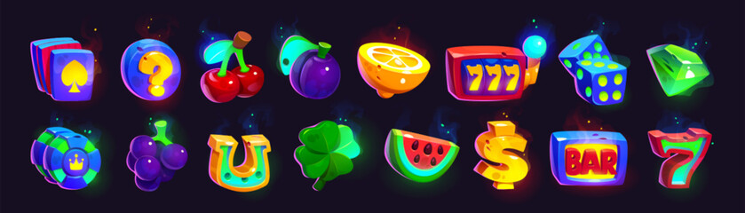 Cartoon set of slot game icons isolated on background. Vector illustration of gambling luck symbols. Colorful cards, pocker chips and dice, horseshoe. dollar sign, diamond and fruit for gui design © klyaksun
