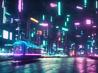 Future urban night with neon light, people walking with metro rails and stations, sci-fi and tokyo style, Generative AI