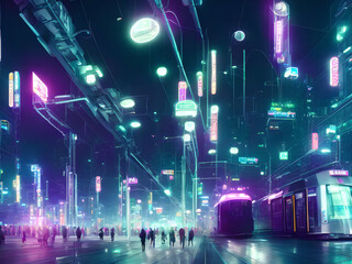 Future urban night with neon light, people walking with metro rails and stations, sci-fi and tokyo style, Generative AI