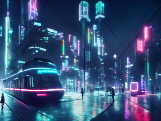 Future urban night with neon light, people walking with metro rails and stations, sci-fi and tokyo style, Generative AI