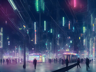 Future urban night with neon light, people walking with metro rails and stations, sci-fi and tokyo style, Generative AI