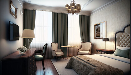 Hotel luxury suite, bedroom interior, double bed room, comfortable furnirture. Generative AI