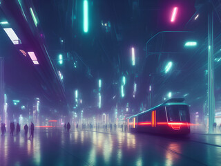 Future urban night with neon light, people walking with metro rails and stations, sci-fi and tokyo style, Generative AI