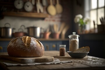 Obraz na płótnie Canvas Wheat bread in a rustic and artisan kitchen with all natural products, Generative Ai