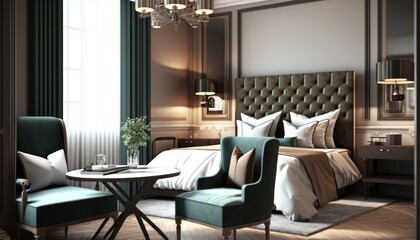 Fototapeta na wymiar Hotel luxury suite, bedroom interior, double bed room, comfortable furnirture. Generative AI